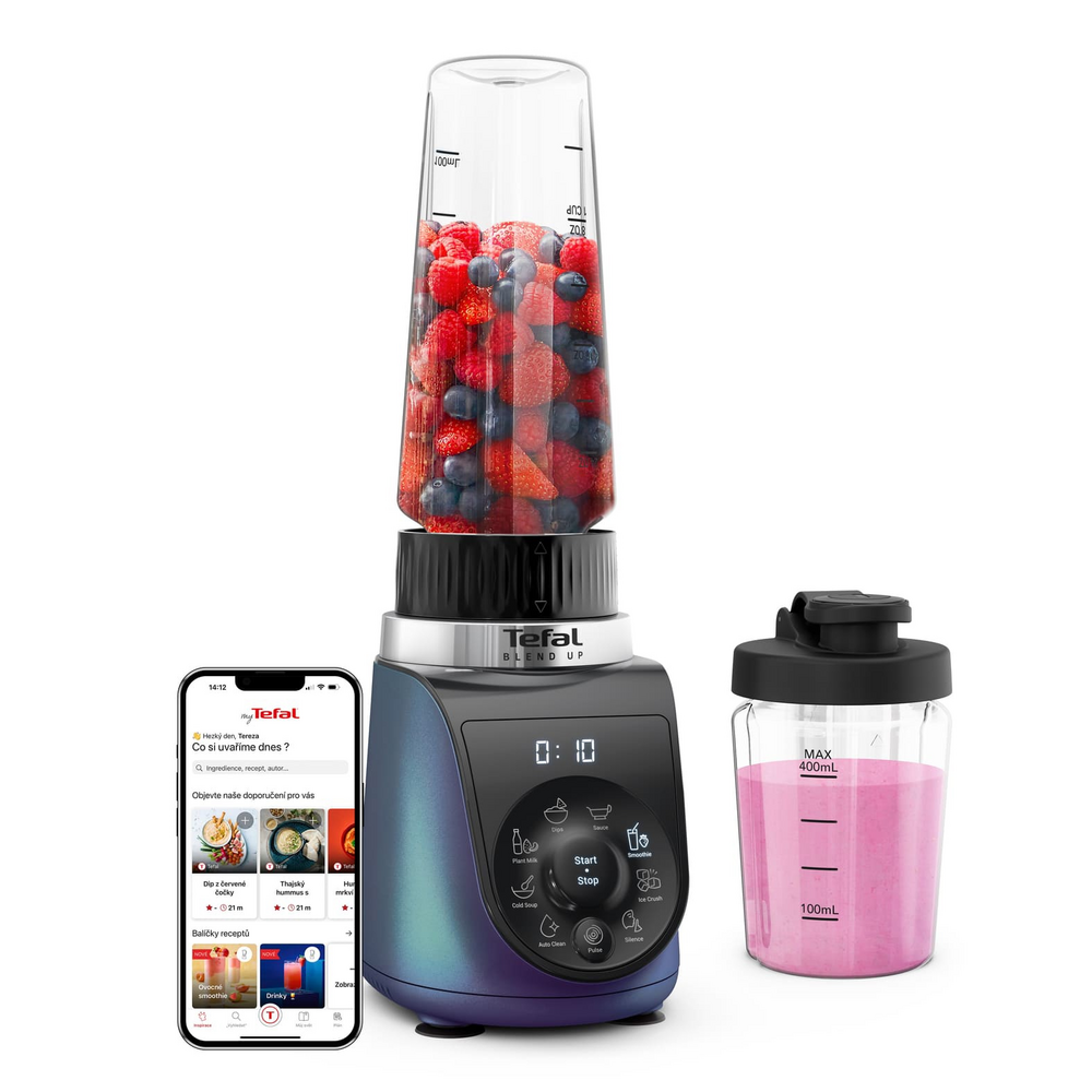 Tefal Blend Up s ovládacím panelem, nádobou s ovocem a přenosnou lahví